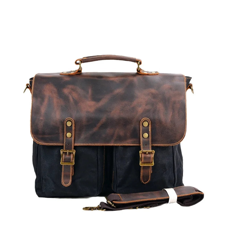 Porte-documents vintage en toile et cuir noir