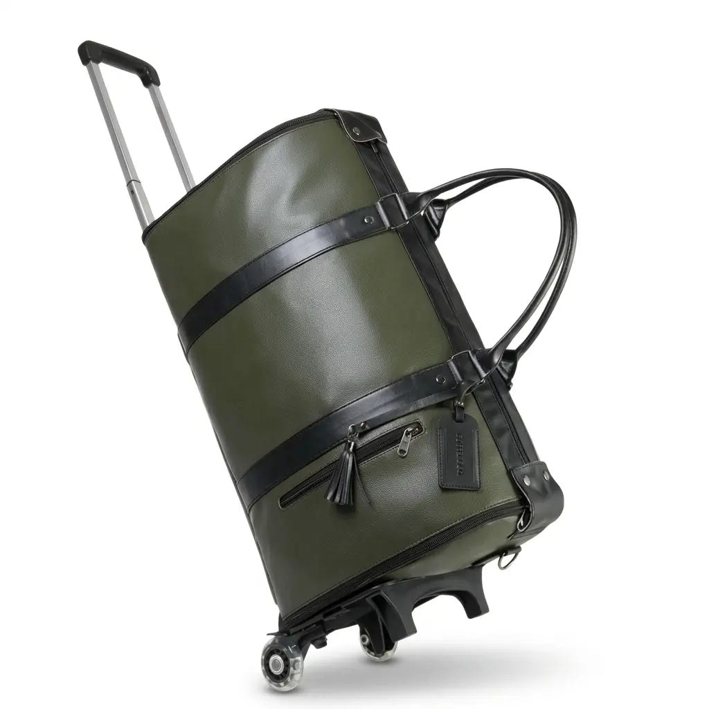 Sac de voyage à roulettes en cuir vert