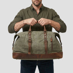 Sac de voyage toile et cuir vert