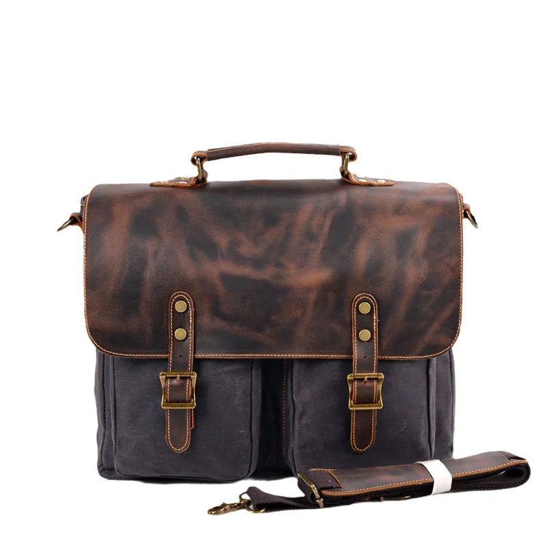 Porte-documents vintage en toile et cuir gris