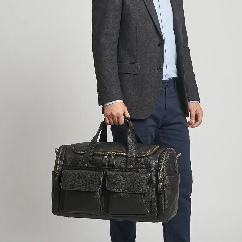 Sac de voyage baroudeur en cuir véritable noir