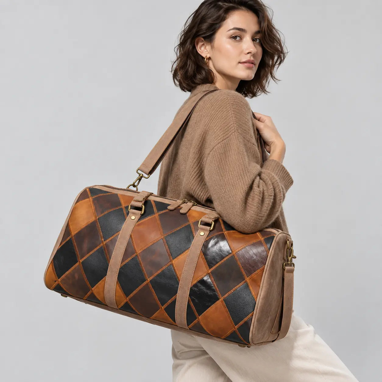 Sac de voyage boston en cuir patchwork femme