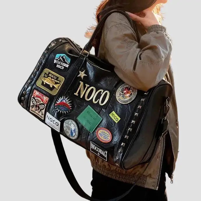Sac de voyage patchwork en cuir noir