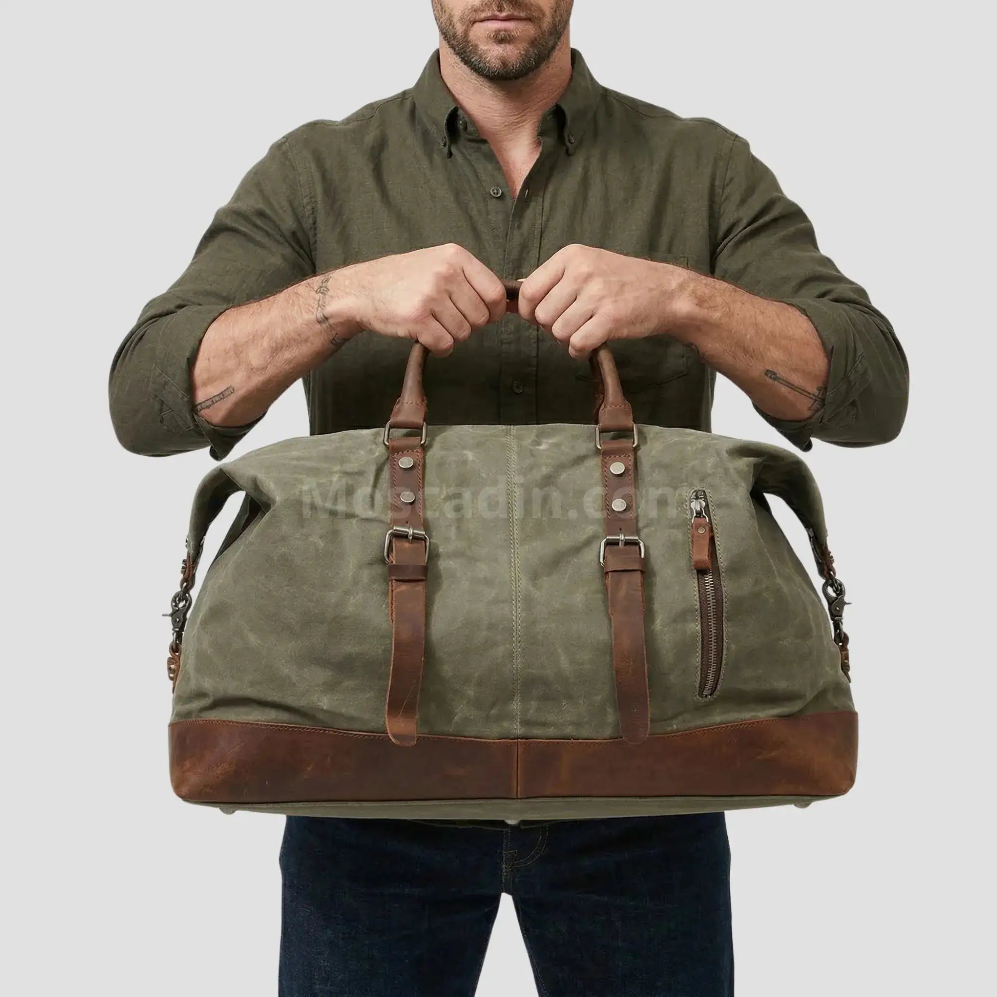 Sac de voyage toile et cuir vert