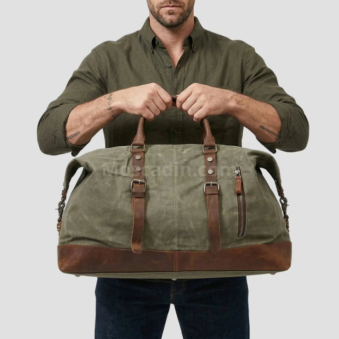 Sac de voyage toile et cuir vert