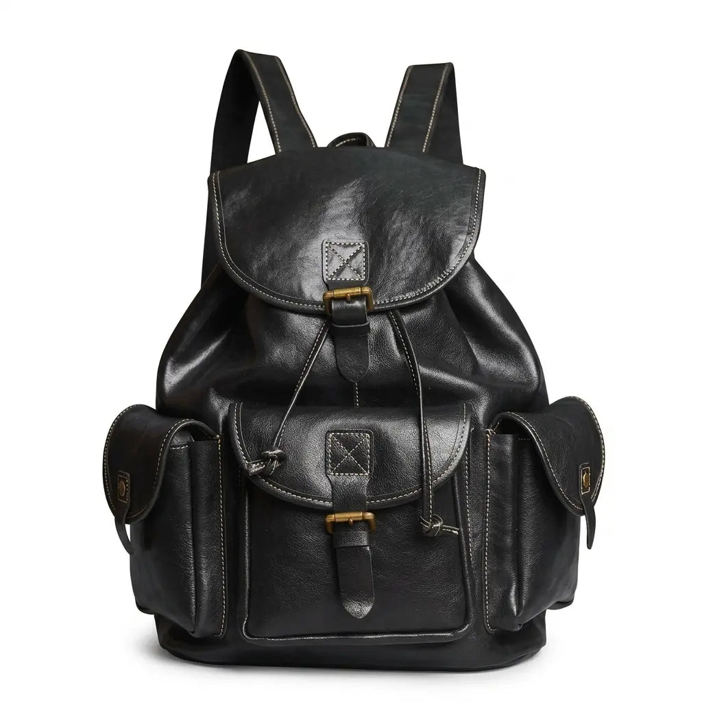 Sac à dos de voyage en cuir noir et boucle doré