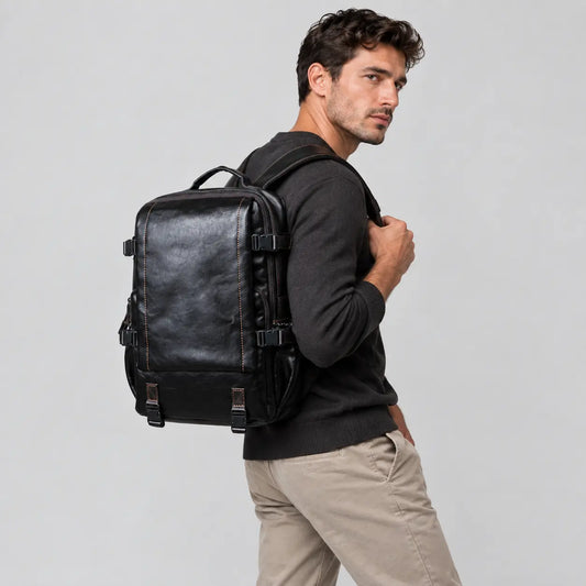 Sac à dos en cuir à sangles de compression noir