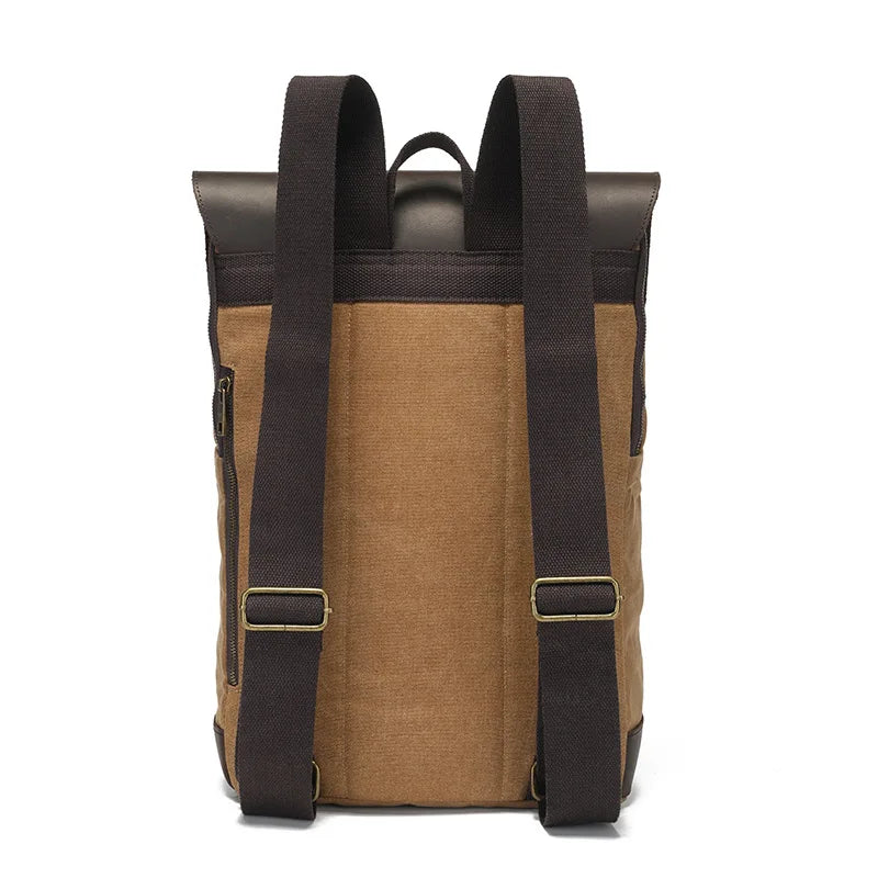 Sac à dos en toile marron et cuir noir