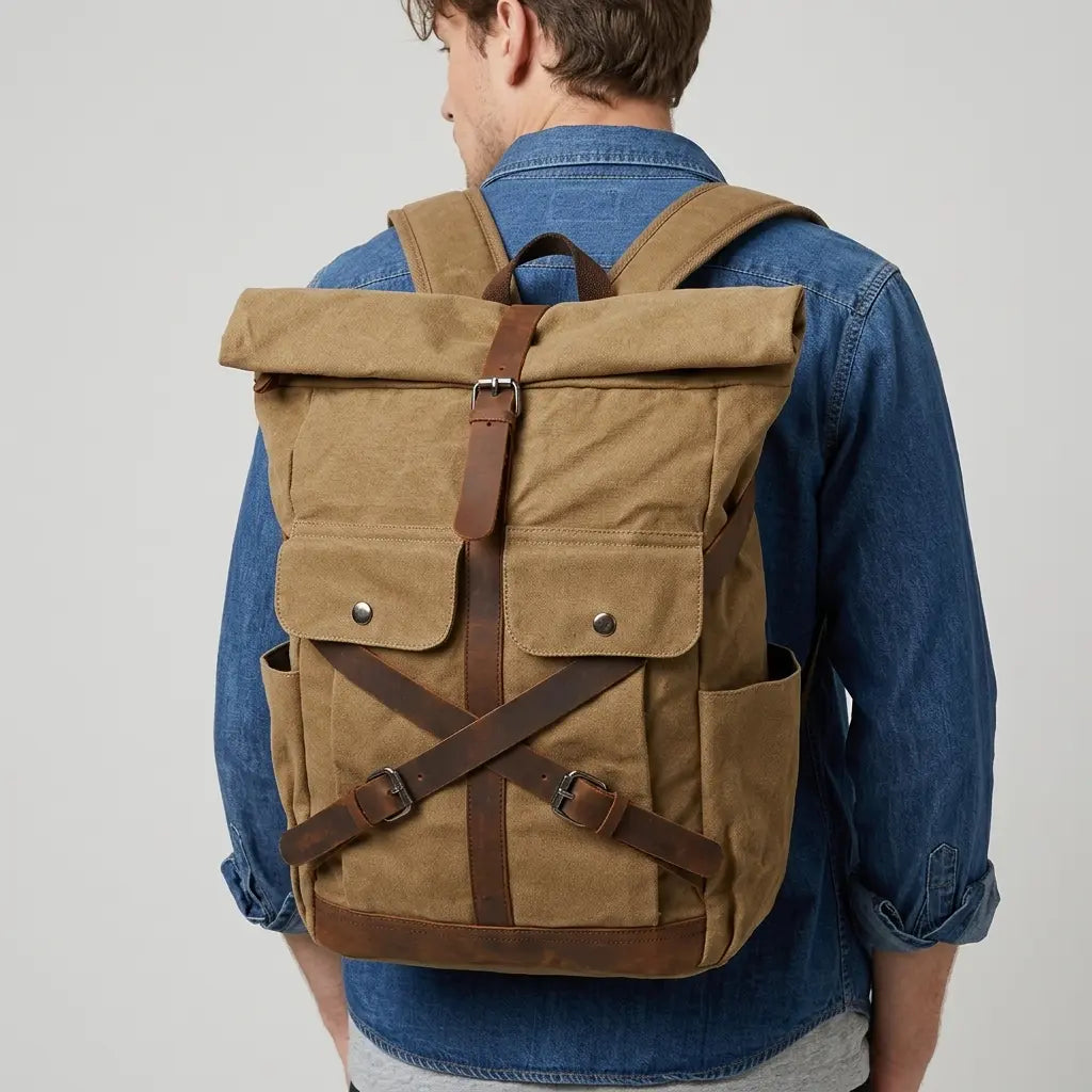 Sac à dos roll top en toile cirée beige
