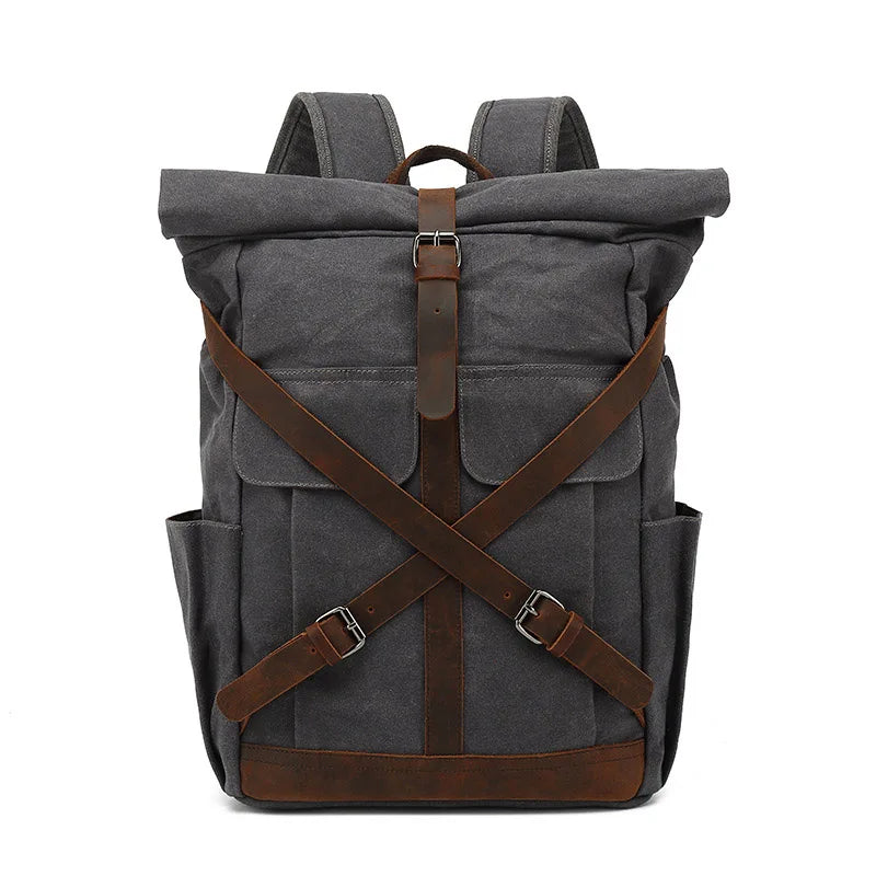 Sac à dos roll top en toile cirée gris