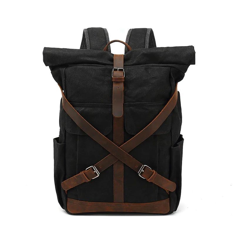 Sac à dos roll top en toile cirée noir